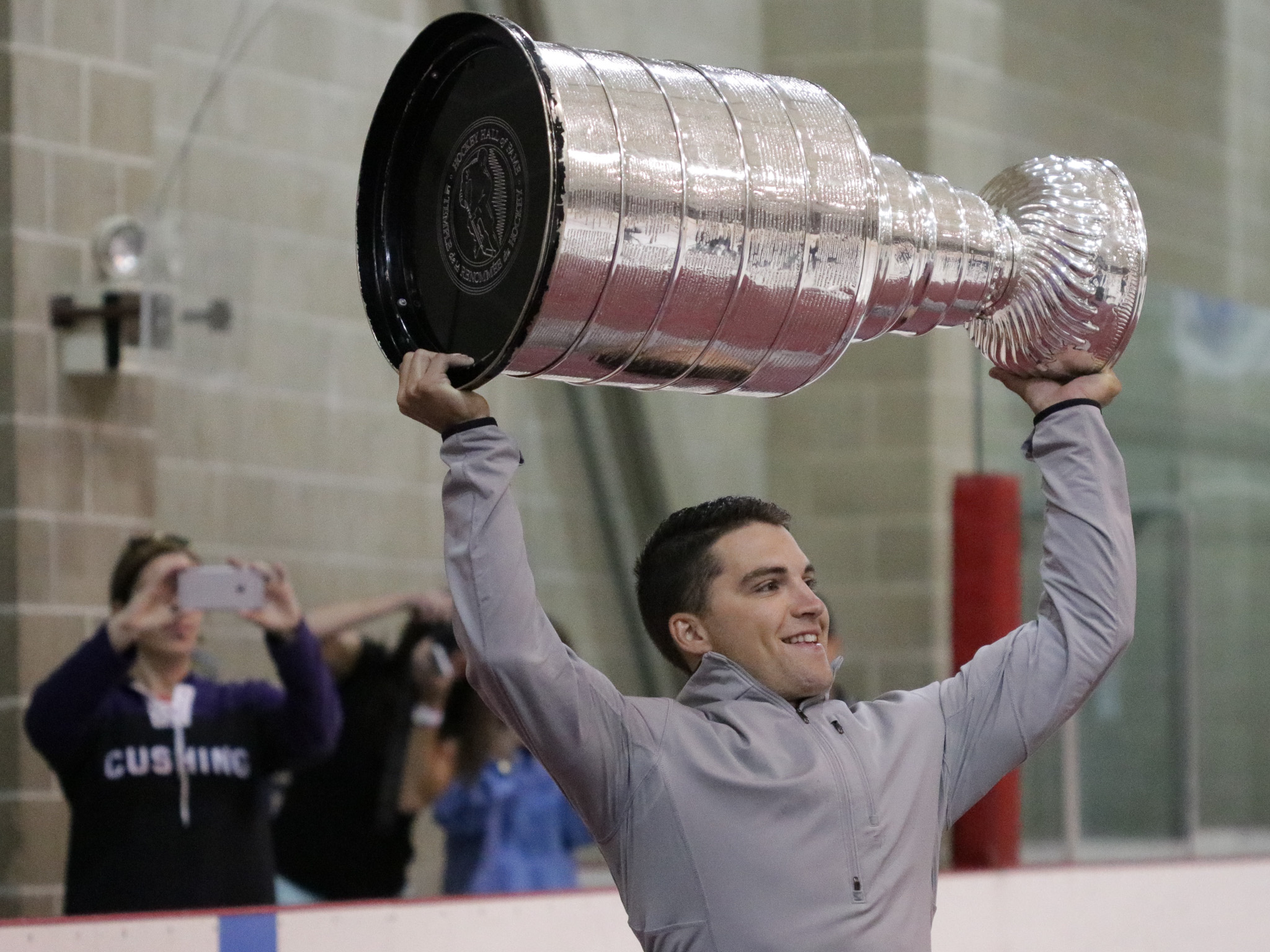 Conor Sheary holds the Stanley Cup at Iorio Arena